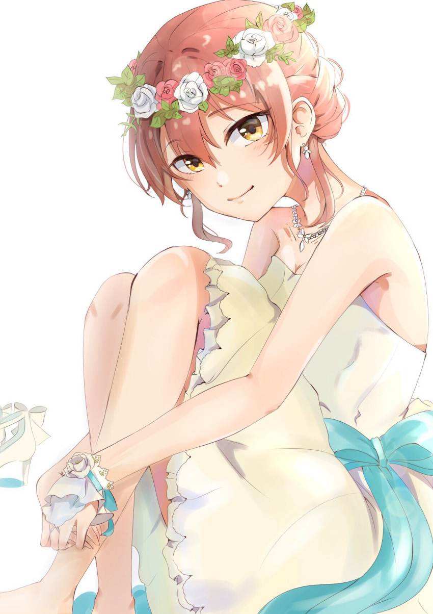 1girl bangs bare_shoulders breasts bridal_gauntlets closed_mouth collarbone dress earrings flower hair_between_eyes head_wreath high_heels highres idolmaster idolmaster_cinderella_girls idolmaster_cinderella_girls_starlight_stage jewelry jougasaki_mika knees_up long_hair looking_at_viewer medium_breasts necklace pink_hair sash sidelocks simple_background sitting smile solo tied_hair white_background white_dress yellow_eyes zunda_mochi_(zundamochilala)