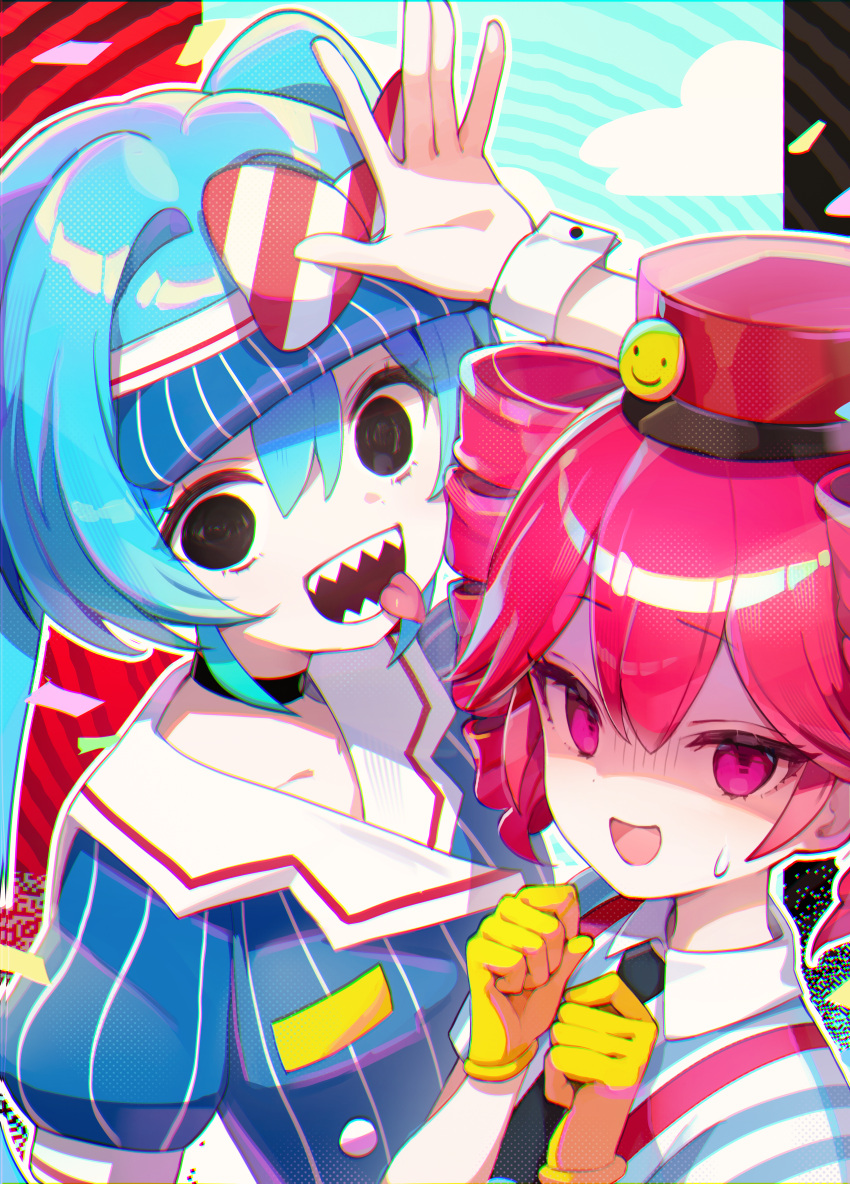 2girls absurdres black_choker black_necktie blue_hair blue_shirt bow buttons choker collared_shirt diagonal-striped_bow double-breasted drill_hair empty_eyes gloves hair_between_eyes hair_intakes hat hatsune_miku highres kasane_teto long_hair mesmerizer_(vocaloid) misyune multiple_girls necktie open_mouth pale_skin pink_eyes puffy_short_sleeves puffy_sleeves red_hair red_hat shirt short_sleeves smile striped_clothes striped_shirt suspenders sweat twin_drills utau vertical-striped_clothes vertical-striped_shirt visor_cap vocaloid white_shirt white_wrist_cuffs wrist_cuffs yellow_gloves