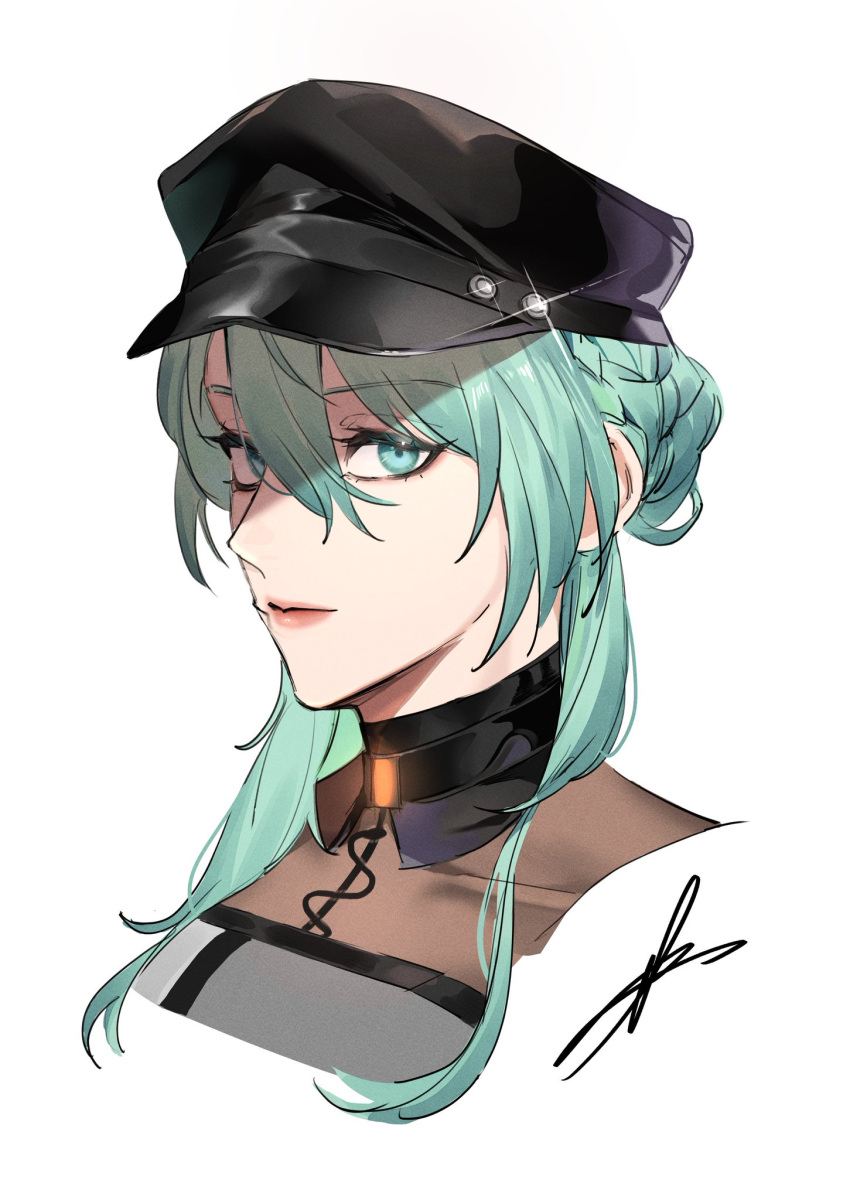 1girl aqua_eyes aqua_hair black_hat braid braided_bun closed_mouth commentary_request hair_bun hat highres long_hair looking_at_viewer nightingale_(path_to_nowhere) path_to_nowhere portrait shade signature simple_background solo toho10min white_background