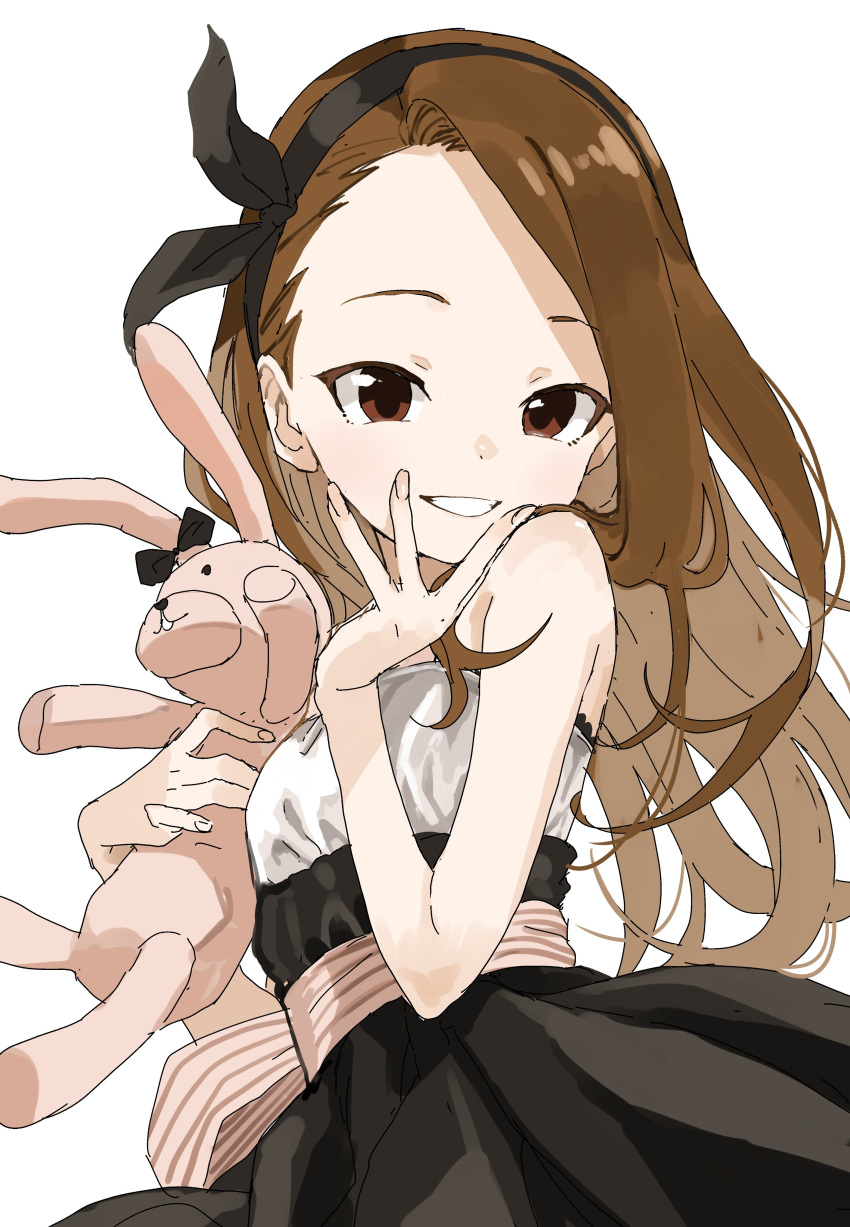 1girl absurdres black_hairband brown_eyes brown_hair commentary_request fingernails hairband highres holding holding_stuffed_toy idolmaster idolmaster_(classic) long_hair looking_at_viewer minase_iori simple_background sleeveless smile solo stuffed_animal stuffed_rabbit stuffed_toy white_background yamamoto_souichirou