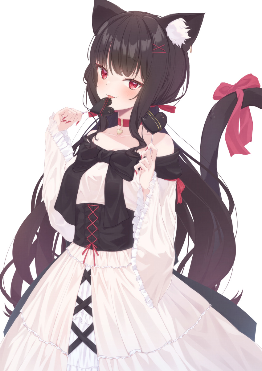 1girl :p animal_ear_fluff animal_ears bare_shoulders black_hair bow breasts candy cat_ears cat_girl cat_tail chloette collar dress fang food frilled_sleeves frills heart heart-shaped_lollipop highres licking lollipop long_hair long_sleeves looking_at_viewer medium_breasts off-shoulder_dress off_shoulder original red_eyes red_nails shaped_lollipop simple_background skin_fang tail tail_bow tail_ornament tongue tongue_out very_long_hair white_background white_dress wide_sleeves