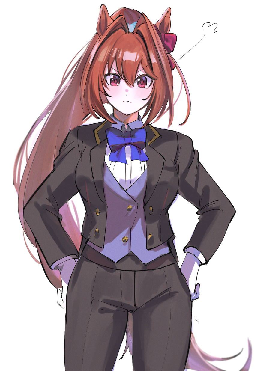 1girl absurdres animal_ears black_jacket black_pants blue_vest bojue_(hakus_1128) bow bowtie breasts brown_hair closed_mouth collared_shirt cowboy_shot daiwa_scarlet_(umamusume) gloves hair_intakes hands_on_own_hips highres horse_ears horse_girl horse_tail jacket leaning_forward long_hair long_sleeves medium_breasts open_clothes open_jacket pant_suit pants ponytail puff_of_air red_eyes shirt simple_background small_breasts solo standing suit tail umamusume v-shaped_eyebrows vest white_background white_gloves white_shirt