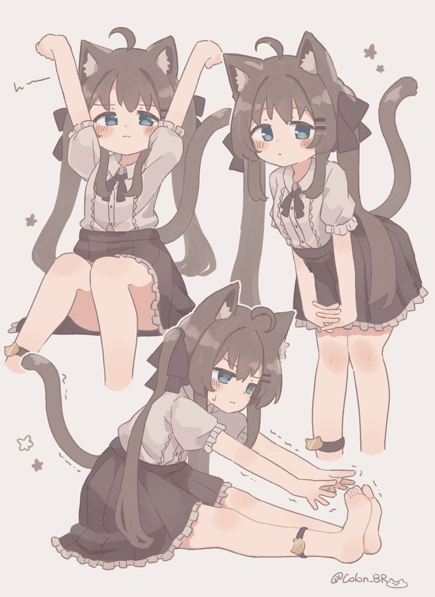 1girl absurdres ahoge animal_ears arms_up barefoot black_ribbon black_skirt blue_eyes brown_hair cat_ears cat_girl cat_tail center_frills colon_br cropped_legs feet frilled_shirt frills high-waist_skirt highres knees_together_feet_apart leaning_forward legs_together long_bangs long_hair looking_at_viewer multiple_views neck_ribbon original outstretched_arms petticoat pleated_skirt puffy_short_sleeves puffy_sleeves ribbon shirt shirt_tucked_in short_sleeves sidelocks simple_background sitting skirt star_(symbol) stretching tail toes twintails twitter_username white_background white_shirt