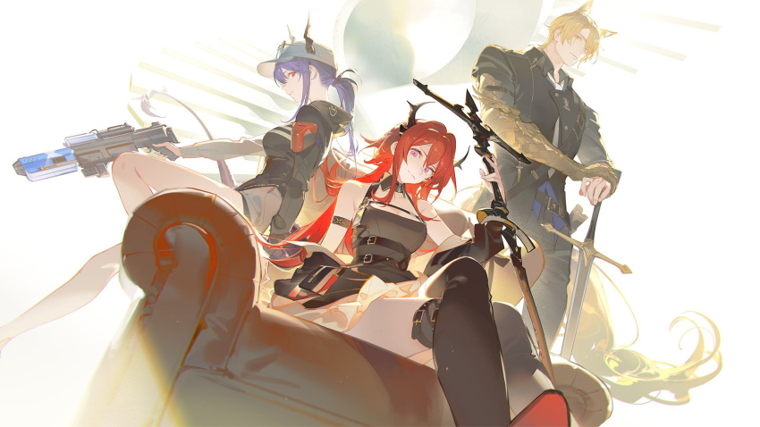 1boy 2girls animal_ears arknights ask_(askzy) black_dress black_hair black_jacket blonde_hair ch'en_(arknights) ch'en_the_holungday_(arknights) couch crossed_legs dress eyewear_on_head highres holding holding_sword holding_weapon horns jacket long_hair looking_at_viewer mlynar_(arknights) multiple_girls necktie on_couch ponytail purple_eyes red_eyes red_hair sunglasses surtr_(arknights) sword tail water_gun weapon yellow_eyes