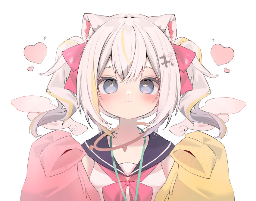 +_+ 1girl absurdres animal_ear_fluff animal_ears black_sailor_collar blonde_hair blue_eyes blush bow bowtie brm_1925 cat_ears cat_girl closed_mouth commission dot_nose hair_between_eyes hair_bow heart highres jacket looking_at_viewer multicolored_clothes multicolored_hair multicolored_jacket off_shoulder original pink_bow pink_bowtie pink_jacket sailor_collar shirt sidelocks simple_background skeb_commission sleeveless sleeveless_shirt smile solo straight-on streaked_hair twintails two-tone_jacket upper_body white_background white_hair white_shirt yellow_jacket