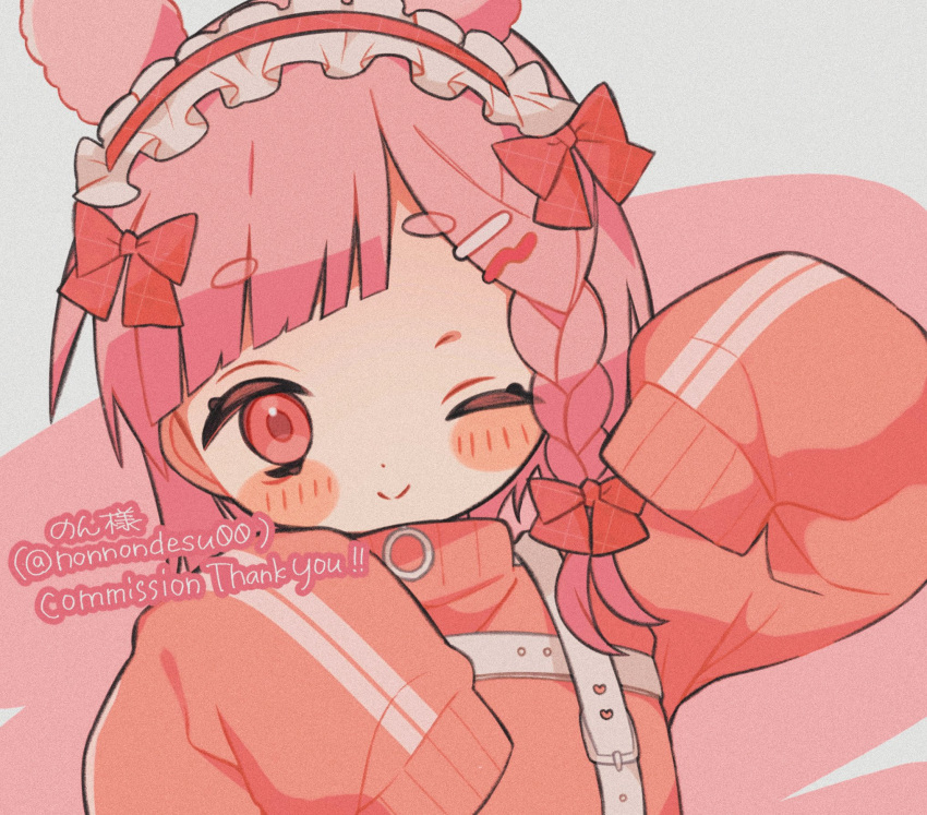 1girl blush bow braid chest_harness closed_mouth commentary_request commission cropped double_vertical_stripe hair_bow hair_ornament hairpin harness high_collar highres jersey_maid long_hair long_sleeves looking_at_viewer maid maid_headdress mochi_(na_si) one_eye_closed original pink_eyes pink_hair pink_sweater red_bow side_braid skeb_commission sleeves_past_fingers sleeves_past_wrists smile solo sweater unconventional_maid upper_body