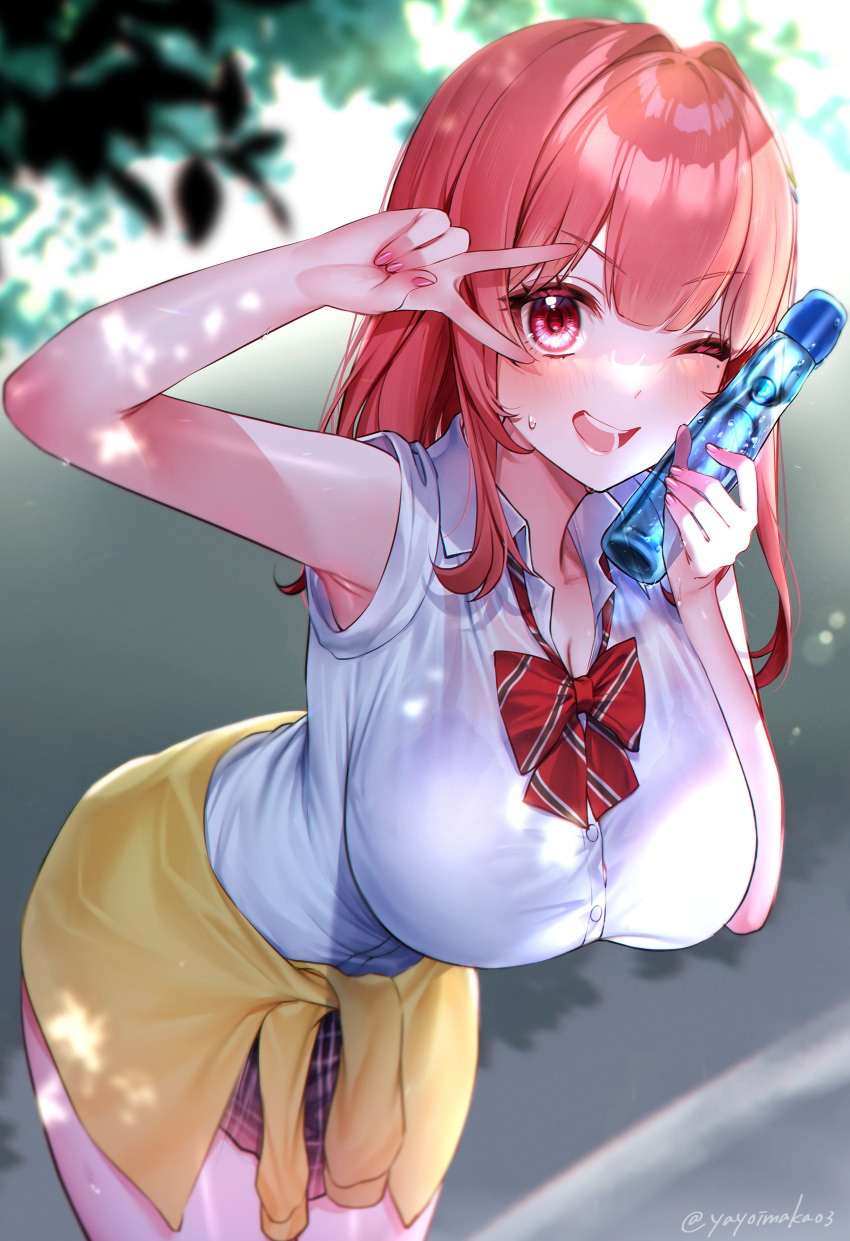 1girl absurdres arm_up armpit_peek armpits blunt_bangs blurry blurry_background blush bottle bra bra_visible_through_clothes breasts cleavage clothes_around_waist commentary_request commission hair_between_eyes hair_intakes hanamiya_yurine hand_up highres holding holding_bottle indie_virtual_youtuber large_breasts leaf leaning_forward long_hair looking_at_viewer neck_ribbon one_eye_closed open_mouth outdoors pink_nails pleated_skirt red_bra red_eyes red_hair red_ribbon red_skirt ribbon school_uniform see-through see-through_shirt shirt skeb_commission skirt smile solo standing sweat sweater sweater_around_waist underwear v v_over_eye virtual_youtuber white_shirt yayoi_maka