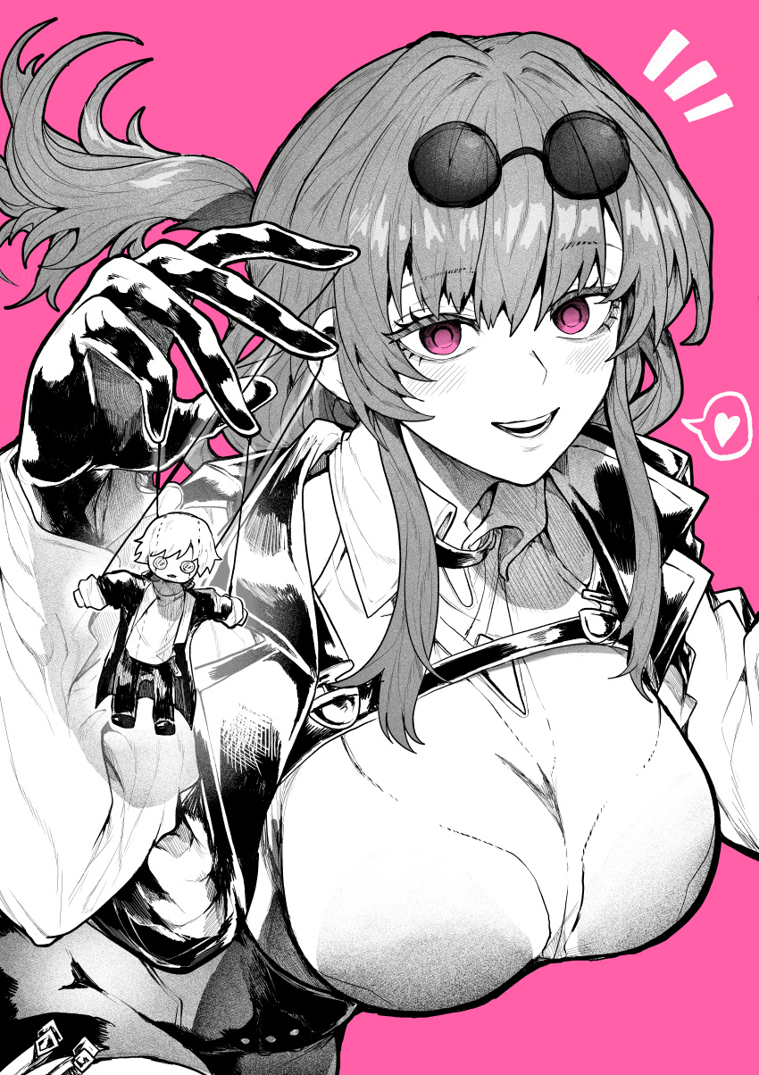 1girl absurdres alternate_breast_size black_jacket black_pants breasts caelus_(honkai:_star_rail) cowboy_shot gloves greyscale_with_colored_background hair_between_eyes heart high-waist_shorts highres honkai:_star_rail honkai_(series) huge_breasts jacket kafka_(honkai:_star_rail) light_blush long_hair low_ponytail marionette open_clothes open_jacket pants pink_background puppet purple_eyes round_eyewear shirt shorts sidelocks smile solo speech_bubble sunglasses teeth trailblazer_(honkai:_star_rail) unworn_eyewear white_shirt yotsumi_shiro