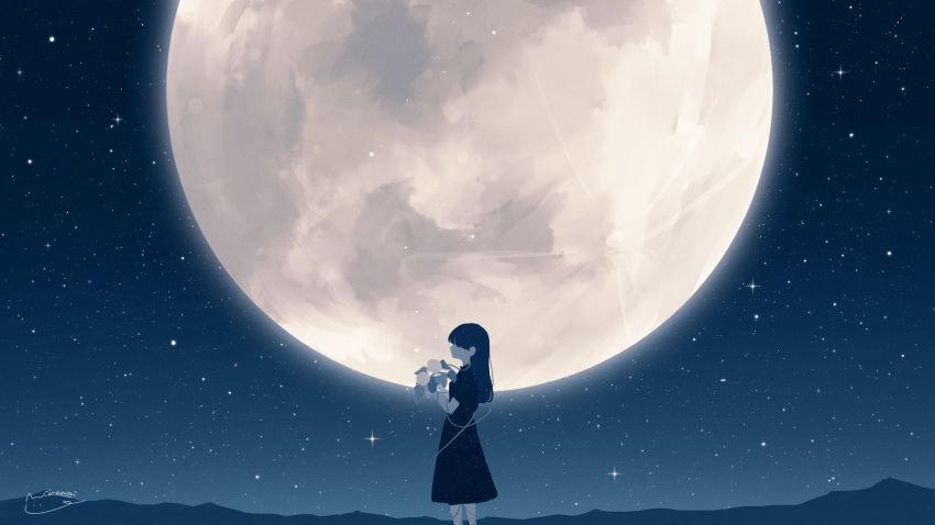 1girl amenomori_howa black_dress black_hair dress faceless faceless_female facing_ahead feet_out_of_frame flower from_side full_moon glint highres holding holding_flower long_dress long_hair moon night night_sky original outdoors profile scenery signature sky solo star_(sky) starry_sky straight_hair white_flower wide_shot