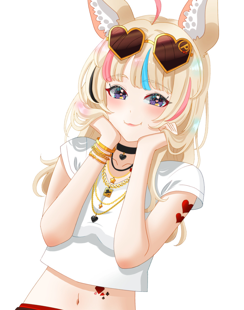 1girl absurdres ahoge animal_ear_fluff animal_ears black_choker black_hair blonde_hair blue_hair blush bracelet choker closed_mouth commentary_request eyewear_on_head fox_ears fox_girl glasses hands_on_own_face hands_up heart heart-shaped_eyewear heart-shaped_pupils heart_choker highres hololive jewelry kai_otk long_hair looking_at_viewer midriff multicolored_hair multiple_bracelets multiple_necklaces navel official_alternate_costume official_alternate_hairstyle omaru_polka omaru_polka_(5th_costume) opaque_glasses outline pink_hair purple_eyes red-tinted_eyewear shirt short_sleeves simple_background smile solo streaked_hair sunglasses symbol-shaped_pupils t-shirt tinted_eyewear upper_body virtual_youtuber white_background white_outline white_shirt