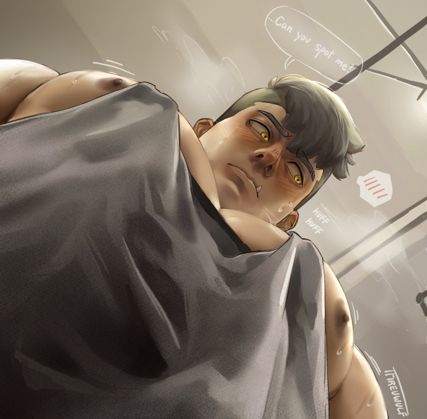 1boy all_saints_street averting_eyes bara blush breath damao_(all_saints_street) english_text eyebrow_cut fang foreshortening from_below grey_hair grey_tank_top highres large_pectorals looking_at_viewer looking_down male_focus meme muscular muscular_male nipple_slip nipples pectoral_cleavage pectoral_focus pectorals photo-referenced short_hair shy sidepec solo spoken_blush steaming_body sweat tank_top thick_eyebrows tylerfirewulf_(tfireuwulf) upper_body weightlifting_spotter yellow_eyes yur_oc_like_this_(meme)