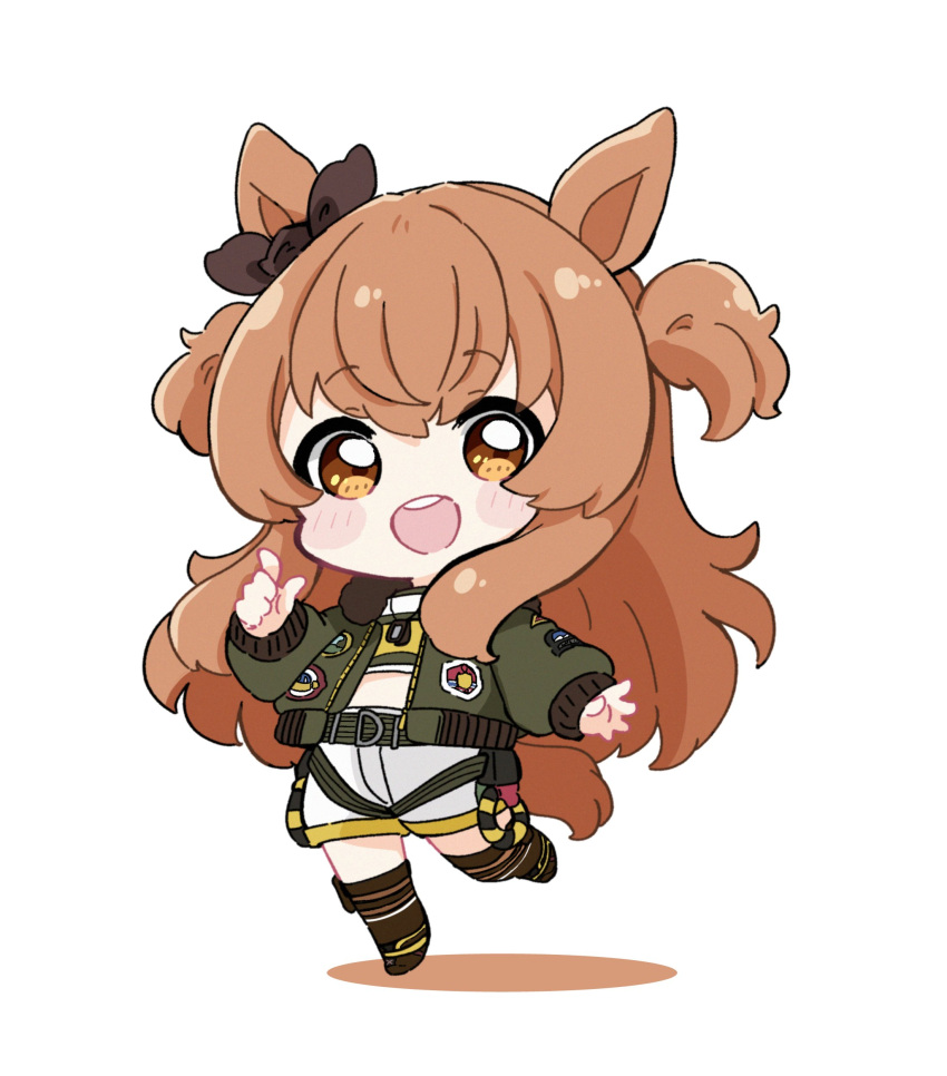 1girl :d absurdres animal_ears black_ribbon blush_stickers brown_eyes brown_footwear brown_hair brown_thighhighs chibi colored_shadow commentary dog_tags ear_ribbon full_body green_jacket hair_between_eyes highres horse_ears horse_girl horse_tail jacket long_sleeves looking_at_viewer mayano_top_gun_(umamusume) midriff nozo_(hitomiz) open_clothes open_jacket puffy_long_sleeves puffy_sleeves ribbon shadow shoes shorts simple_background sleeves_past_wrists smile solo standing standing_on_one_leg tail teeth thighhighs two_side_up umamusume upper_teeth_only white_background white_shorts