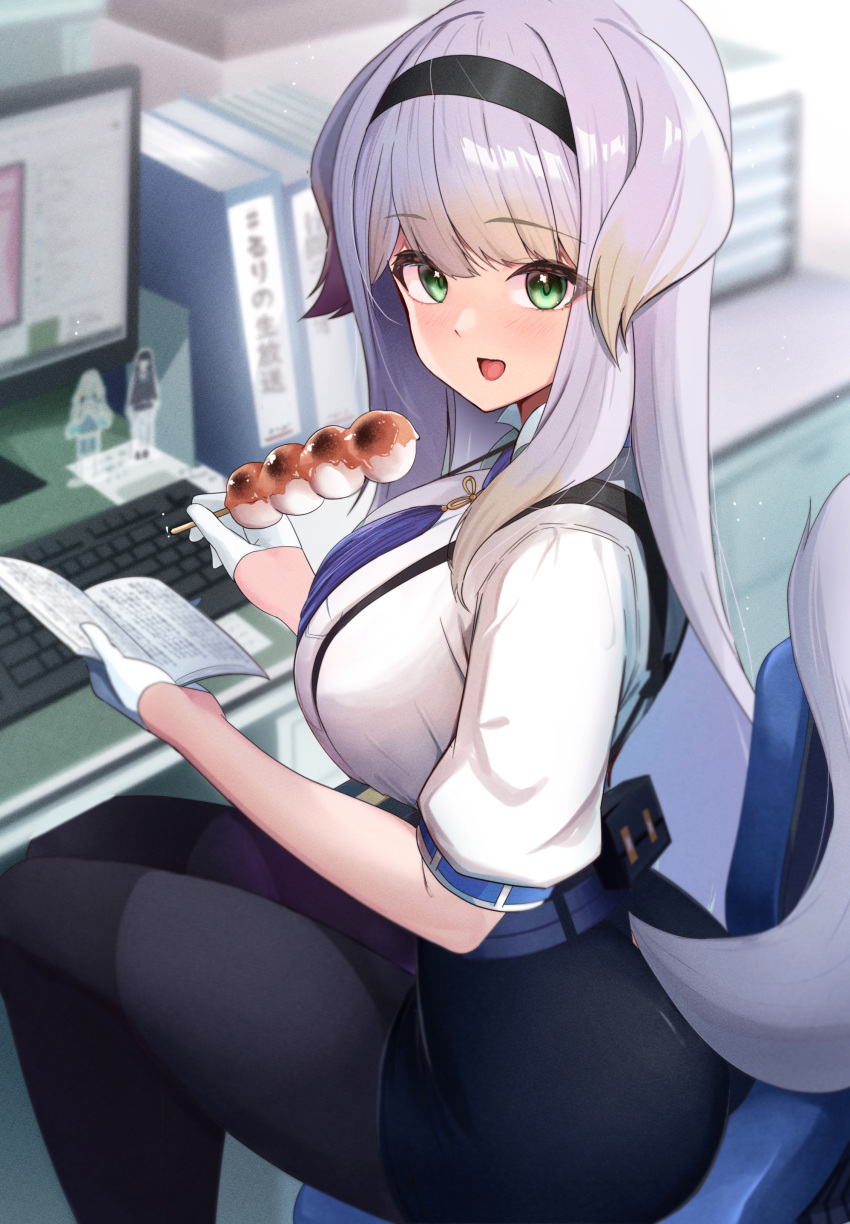 1girl :d absurdres belt black_pantyhose black_shorts blonde_hair blue_belt book breasts dango dog_girl dog_tail food from_side gloves gradient_hair green_eyes grey_hair half_gloves highres holding holding_book indoors keyboard_(computer) large_breasts long_hair looking_at_viewer looking_to_the_side monitor multicolored_hair neck_tassel nijisanji on_chair open_book pantyhose sezok shioriha_ruri shirt shorts sitting smile solo tail virtual_youtuber wagashi white_gloves white_shirt