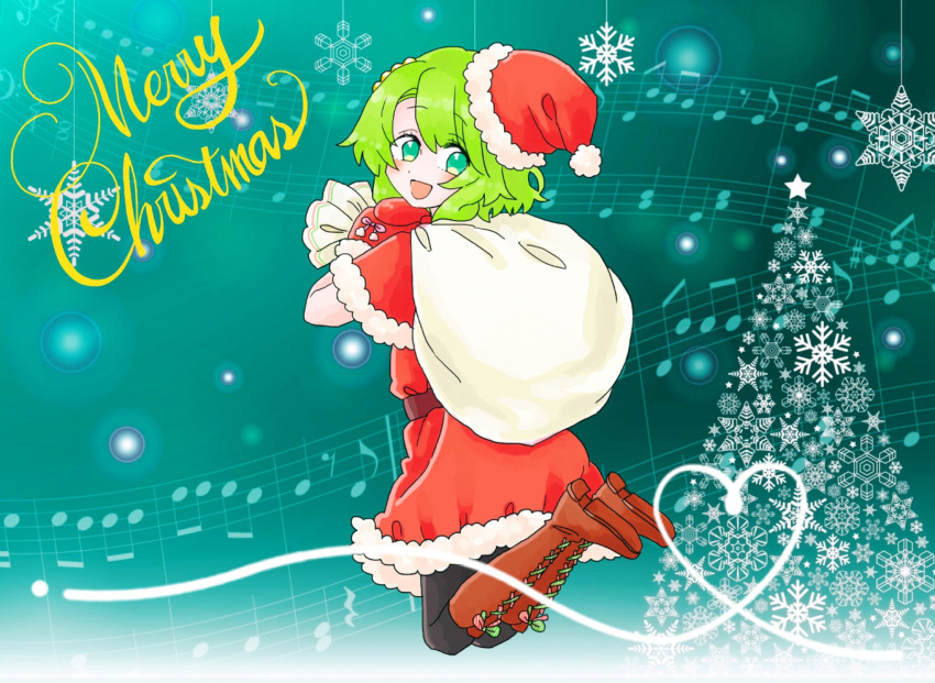 1girl belt blush boots capelet christmas christmas_tree cross-laced_footwear dress fur-trimmed_capelet fur-trimmed_dress fur_trim green_hair hat highres holding holding_sack kimi_ga_shine knee_boots lace-up_boots looking_back merry_christmas mittens musical_note open_mouth pantyhose sack santa_hat short_hair smile snowflakes solo yume_ha_imamo