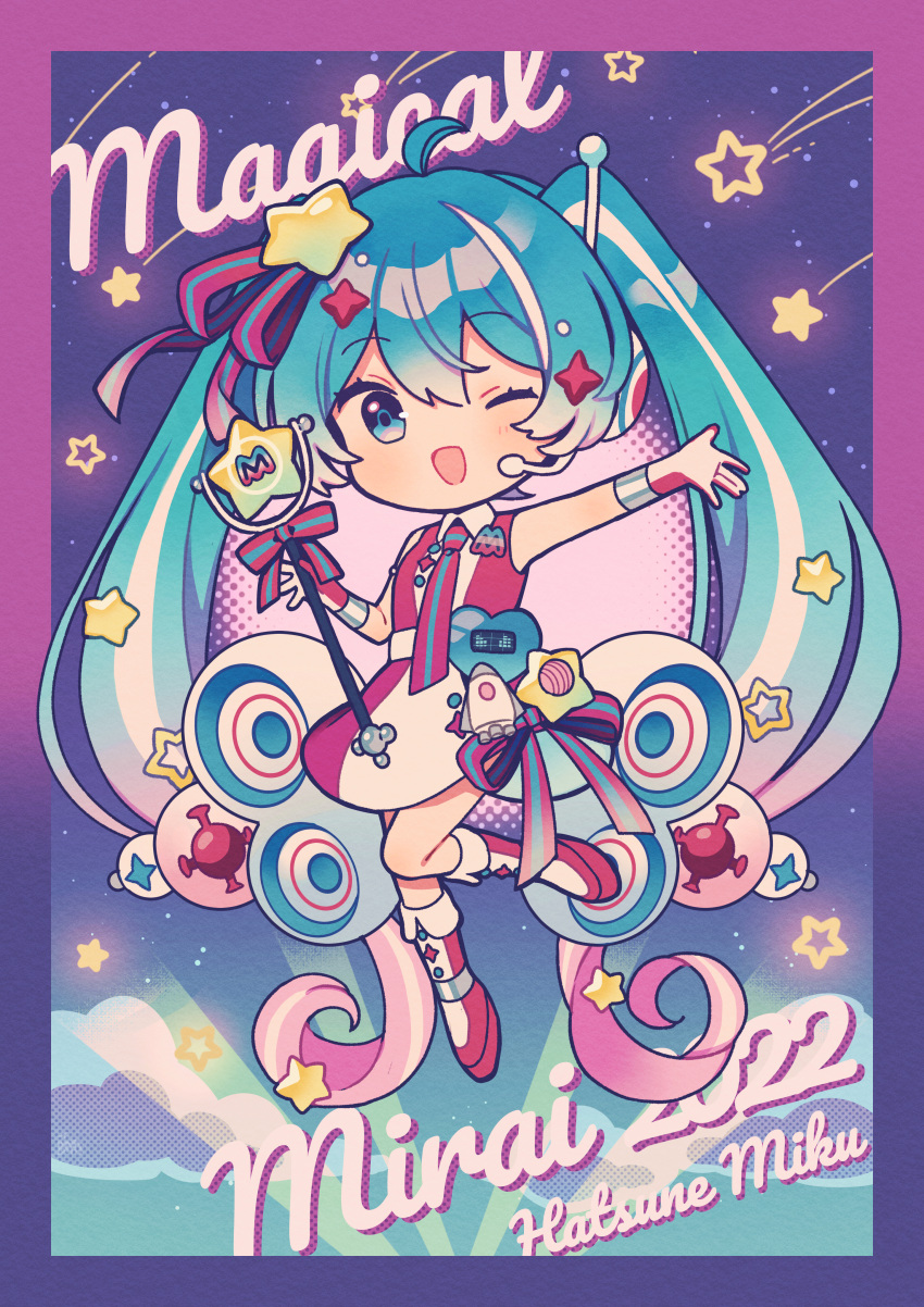 1girl 2022 absurdres amagi_hana blue_eyes blue_hair boots character_name collared_dress dress full_body hatsune_miku headphones headset highres holding holding_microphone_stand long_hair magical_mirai_miku magical_mirai_miku_(2022) microphone_stand multicolored_hair necktie one_eye_closed open_mouth outstretched_arm pink_hair radio_antenna sleeveless sleeveless_dress smile solo star_(symbol) streaked_hair very_long_hair vocaloid white_hair wristband