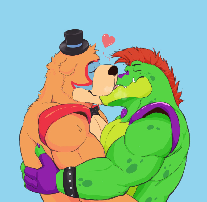 2boys animal_ears bara bear_ears blaze_(bl4z3blaze) bracelet breath brown_hair five_nights_at_freddy's five_nights_at_freddy's:_security_breach foreplay freddy_fazbear french_kiss from_side furry furry_male furry_with_furry glamrock_freddy gregory_(fnaf) hat heart highres hop_on_among_us_(meme) hug jewelry kiss male_focus meme mini_hat multiple_boys muscular muscular_male mutual_hug pectorals profile reptile_boy short_hair spiked_bracelet spikes textless_version thick_eyebrows top_hat tusks upper_body yaoi
