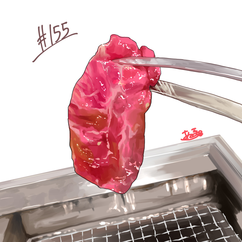 absurdres cooking food food_focus grill highres meat no_humans original simple_background takisou_sou tongs white_background