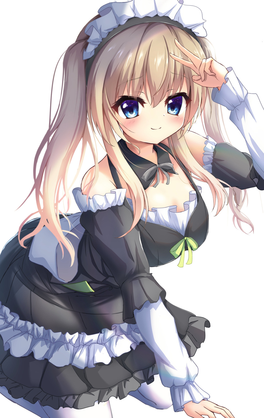 1girl 9-nine- absurdres arm_support bare_shoulders black_dress blue_eyes blush breasts closed_mouth commentary detached_collar detached_sleeves dress eyes_visible_through_hair feet_out_of_frame frilled_dress frilled_sleeves frills green_ribbon grey_ribbon hair_between_eyes hand_up happy highres kneeling kujou_miyako large_breasts leaning_forward light_brown_hair long_hair long_sleeves looking_at_viewer maid maid_headdress neck_ribbon official_alternate_costume official_alternate_hairstyle puffy_long_sleeves puffy_sleeves raised_eyebrows ribbon sidelocks simple_background sleeveless sleeveless_dress smile solo spaghetti_strap split_mouth tatika714 twintails v v_over_head very_long_hair waitress white_background