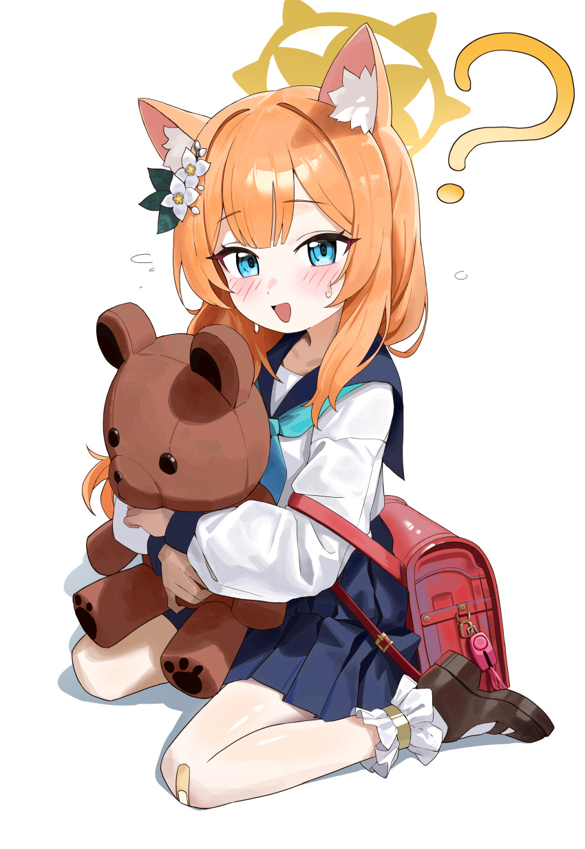 1girl :d ? absurdres aged_down animal_ear_fluff animal_ears backpack bag blue_archive blue_sailor_collar blue_skirt blush brown_footwear child flower hair_flower hair_ornament halo highres holding holding_stuffed_toy looking_at_viewer mari_(blue_archive) open_mouth orange_hair pleated_skirt randoseru sailor_collar school_uniform serafuku setakman shirt shoes simple_background sitting skirt smile stuffed_animal stuffed_toy teddy_bear white_background white_flower white_shirt yellow_halo