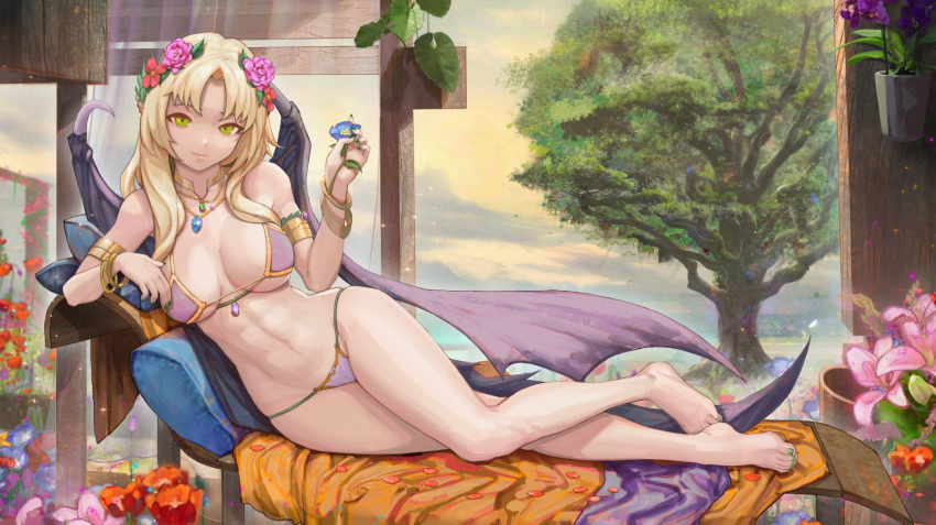 1girl armlet bangle bikini blonde_hair bracelet breasts chair dragon_girl dragon_tail dragon_wings fantasy flower full_body gem green_eyes hair_flower hair_ornament highres holding holding_flower jewelry large_breasts long_hair lounge_chair lying navel necklace on_side original solo swimsuit tail tree wings yugen99