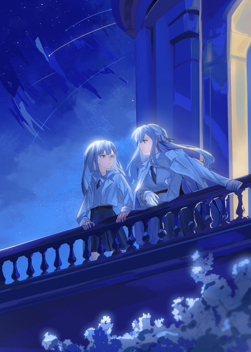 2girls absurdres against_railing bang_dream! bang_dream!_it's_mygo!!!!! black_necktie black_ribbon blue_hair bush closed_mouth coat coat_on_shoulders collared_shirt commentary gloves hair_ribbon hashtag-only_commentary highres long_hair long_sleeves multiple_girls necktie night outdoors parted_lips railing ribbon shirt shooting_star sigangsan sky star_(sky) starry_sky togawa_sakiko vest wakaba_mutsumi white_gloves white_shirt yellow_eyes