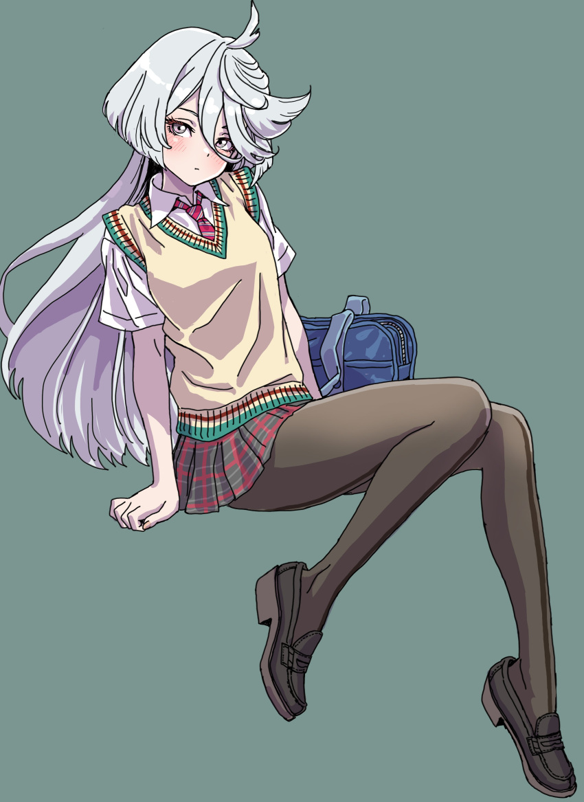 1girl absurdres ahoge bag black_footwear black_pantyhose blue_bag commentary_request full_body green_background grey_eyes gundam gundam_suisei_no_majo highres invisible_chair light_blush loafers long_bangs long_hair looking_at_viewer miniskirt miorine_rembran necktie pantyhose plaid plaid_skirt pleated_skirt red_necktie school_bag school_uniform shirt shoes simple_background sitting skirt solo striped_necktie sweater_vest swept_bangs very_long_hair white_hair white_shirt yamashita_shun'ya yellow_sweater_vest