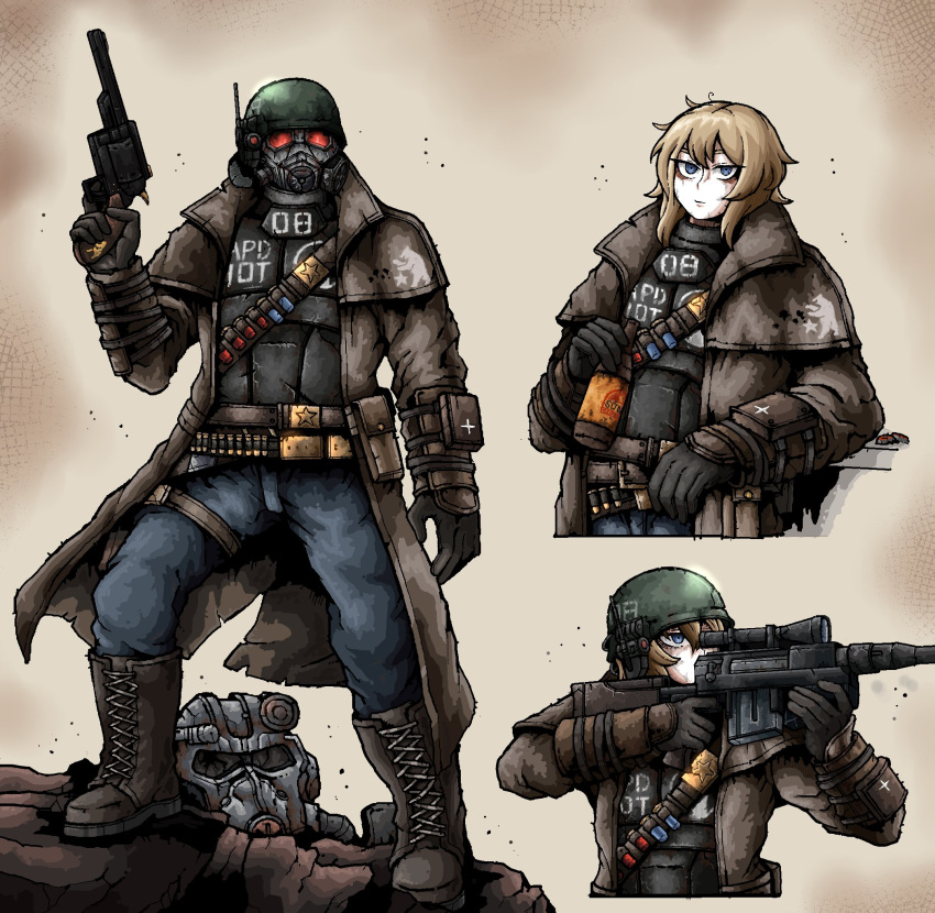 1girl anti-materiel_rifle armor bandolier blonde_hair blue_eyes boots bottle bottle_cap denim drinking duster fallout:_new_vegas fallout_(series) frown gas_mask gloves gun helmet highres holding holding_bottle jeans leaning_back looking_at_viewer mask ncr_veteran_ranger octosoup pants power_armor revolver rifle root_beer scope sniper_rifle solo sunset_sarsaparilla vambraces weapon