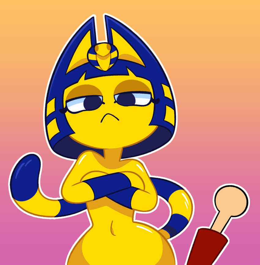 2021 :&lt; animal_crossing ankha_(animal_crossing) ankha_zone anthro bangs blue_hair crossed_arms digital_drawing_(artwork) digital_media_(artwork) domestic_cat duo felid feline felis female goopbloop gradient_background hair hi_res human lidded_eyes male male/female mammal markings mouth_closed narrowed_eyes navel nintendo simple_background small_waist striped_markings striped_tail stripes suggestive tail tail_markings uraeus villager_(animal_crossing) wide_hips yellow_body yellow_face yellow_inner_ear