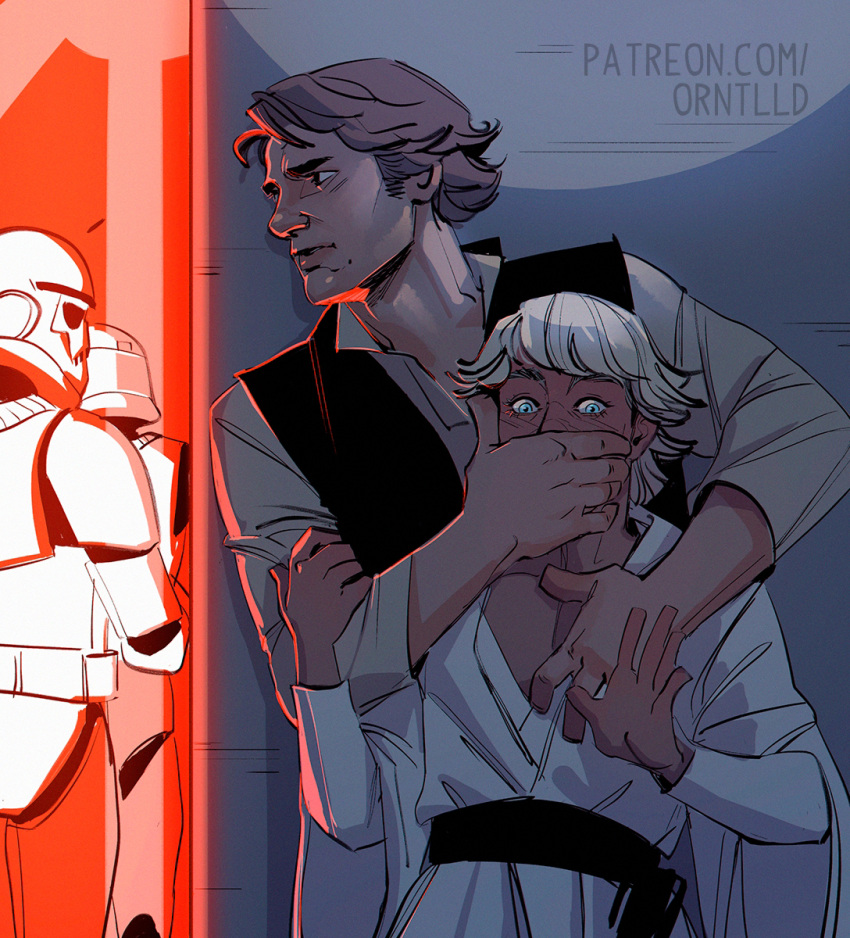 4boys armor belt black_belt blonde_hair blue_eyes blush brown_hair han_solo helmet highres luke_skywalker mole mole_under_mouth multiple_boys orientalldart star_wars star_wars:_a_new_hope stormtrooper