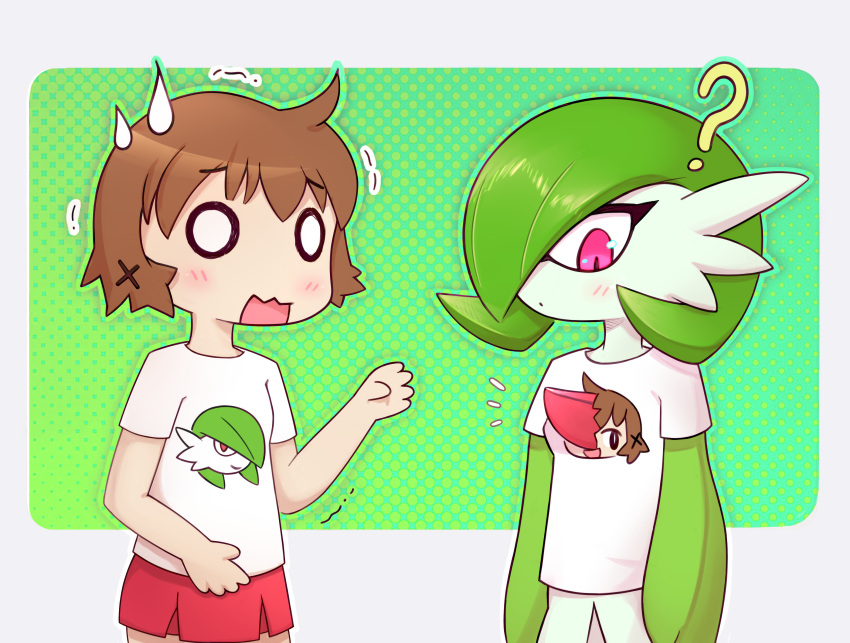 2girls ? absurdres ancesra arms_at_sides blank_eyes blush bob_cut border brown_hair character_print closed_mouth clothed_pokemon colored_skin comedic_sweatdrop commission commissioner_upload crossover dot_mouth flat_chest gardevoir gradient_background green_background green_hair green_skin hair_ornament hair_over_one_eye hand_up hidamari_sketch highres light_blush looking_at_self looking_down miniskirt multicolored_skin multiple_girls nervous non-web_source notice_lines o_o one_eye_covered open_mouth outline outside_border pleated_skirt pokemon pokemon_(creature) red_skirt shirt short_hair short_sleeves sidelocks simple_background skirt standing torn_clothes torn_shirt transparent_border trembling two-tone_skin upper_body wavy_mouth white_eyes white_shirt white_skin x_hair_ornament yuno_(hidamari_sketch)