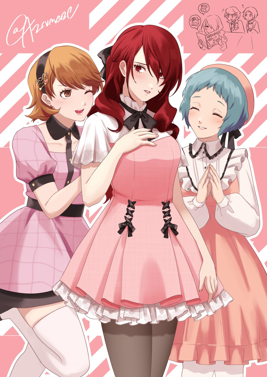 3girls absurdres alternate_costume aqua_hair arrow_hair_ornament aznmeee black_bow black_bowtie black_hairband black_pantyhose black_ribbon black_skirt blush bow bowtie brown_eyes brown_hair closed_eyes commentary_request cowboy_shot dress earrings foot_up frilled_dress frilled_skirt frills hair_between_eyes hair_ornament hair_ribbon hairband hairclip hat heart heart_hair_ornament highres holding holding_magazine jewelry juliet_sleeves kirijou_mitsuru long_hair long_sleeves looking_at_another looking_at_viewer magazine_(object) multiple_girls one_eye_closed open_mouth own_hands_together pantyhose parted_lips persona persona_3 pink_dress pink_hat pink_theme puffy_short_sleeves puffy_sleeves red_eyes red_hair ribbon shirt short_hair short_sleeves skirt smile stud_earrings takeba_yukari thighhighs twitter_username white_shirt white_thighhighs yamagishi_fuuka