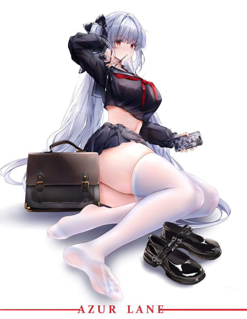 1girl absurdres azur_lane black_dress black_footwear boise_(azur_lane) boise_(muse)_(azur_lane) breasts dress feet formidable_(azur_lane) formidable_(muse)_(azur_lane) formidable_(the_lover's_heart_flutters_on_duty)_(azur_lane) game_screenshot_inset grey_hair hair_ribbon highres idol idol_clothes iue_(artist) kongou_(azur_lane) kongou_(muse)_(azur_lane) large_breasts le_temeraire_(azur_lane) le_temeraire_(muse)_(azur_lane) long_hair long_sleeves looking_at_viewer neckerchief noshiro_(azur_lane) noshiro_(muse)_(azur_lane) official_alternate_costume pleated_skirt prinz_eugen_(azur_lane) prinz_eugen_(muse)_(azur_lane) red_eyes red_neckerchief ribbon sailor_collar school_uniform serafuku shoes skirt soles thighhighs toes twintails very_long_hair white_thighhighs