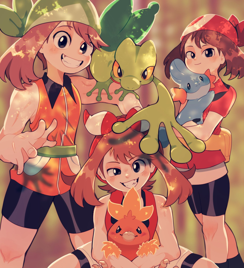 3girls bandana bare_shoulders bike_shorts black_eyes black_shorts bow brown_hair clem_(calmeremerald) english_commentary fanny_pack green_bandana hair_bow highres holding holding_pokemon looking_at_viewer may_(pokemon) mudkip multiple_girls multiple_persona orange_shirt pokemon pokemon_(creature) pokemon_emerald pokemon_on_arm pokemon_oras pokemon_rse red_bandana red_bow red_shirt shirt short_sleeves shorts sleeveless sleeveless_shirt smile teeth torchic treecko