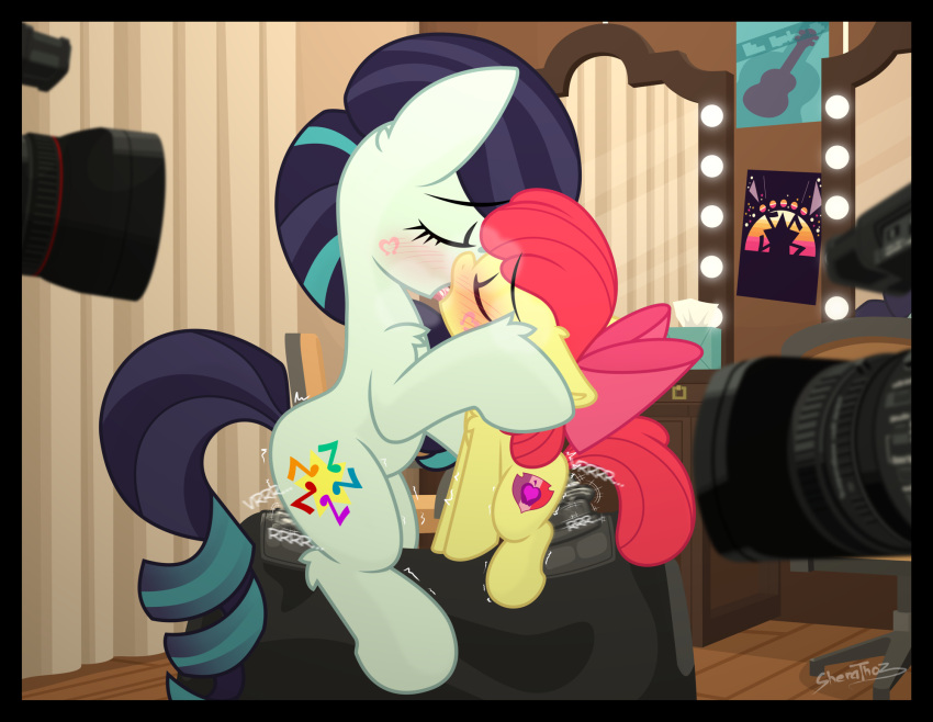 age_difference apple_bloom_(mlp) camera coloratura_(mlp) dildo dressing_room duo equid equine female female/fe female/female feral friendship_is_magic hasbro hi_res kissing mammal my_little_pony older_female sex_toy sherathoz sybian vibrator younger_female