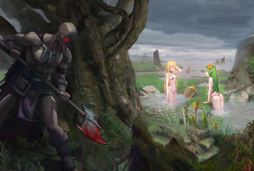 1boy 2girls ass axe bald bathing bikini blonde_hair blood_on_axe breasts elf fantasy flower glowing glowing_eyes green_hair hair_flower hair_ornament holding holding_axe long_hair looking_at_another medium_breasts multiple_girls nature original outdoors pointy_ears red_eyes shield swimsuit sword topless_male tree wading water weapon yugen99