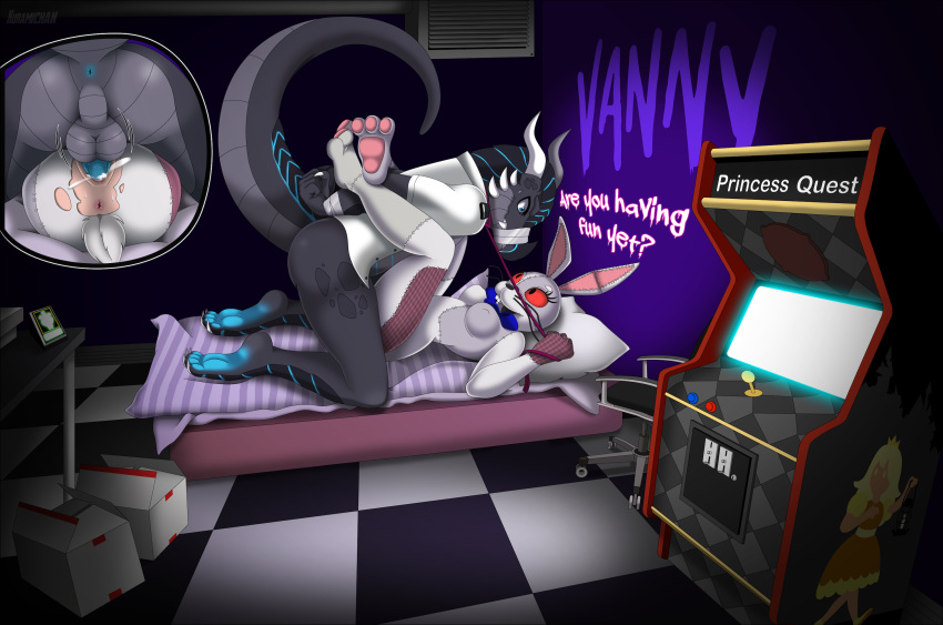 anthro anus arcade arcade_machine balls bodily_fluids bound breasts close-up clothing collar costume cum cum_in_pussy cum_inside cumshot dialogue dominant dominant_female dragon duct_tape duct_tape_gag duo ejaculation feet female five_nights_at_freddy's forced forced_orgasm fursuit fursuit_head fursuiter gag genital_fluids genitals graffiti hands_behind_back hands_tied_behind_back hi_res human kuramichan leash leash_pull leashed_collar male male/female mammal mattress mattress_on_floor muzzle_(object) muzzled mythological_creature mythological_scalie mythology orgasm pawpads paws penetration penis pussy rape scalie scared scared_face scottgames security security_guard security_uniform sweat sweatdrop tape taped_mouth torn_clothing vaginal vaginal_penetration vanny_(fnaf) worried worried_look wrists_tied wrists_together xero_(captainscales)