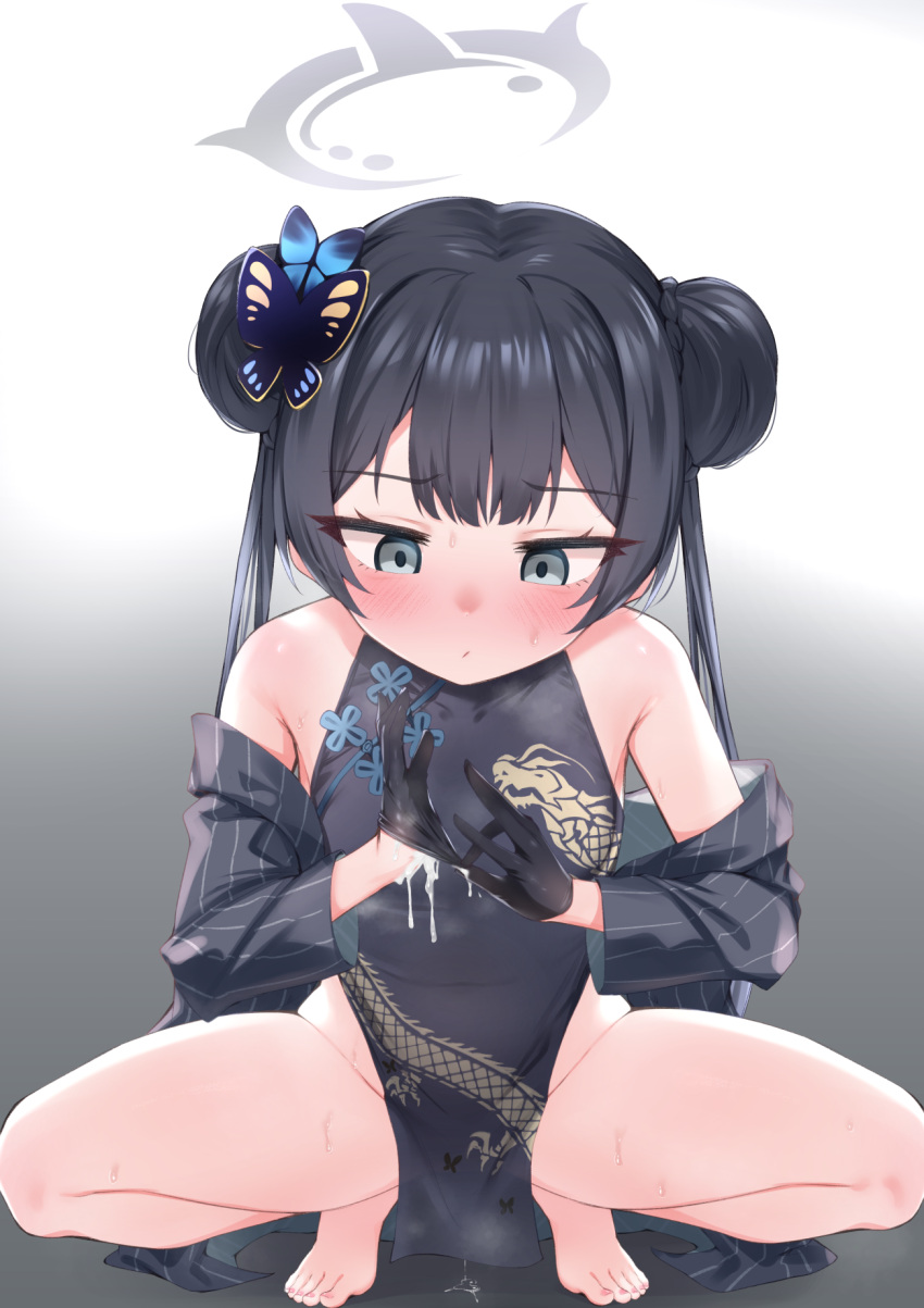 1girl bare_shoulders barefoot black_gloves black_hair blue_archive blue_eyes blush china_dress chinese_clothes coat cum double_bun dragon_print dress gloves gmkj gradient_background groin hair_bun hair_ornament halo highres kisaki_(blue_archive) long_hair off_shoulder solo spread_legs squatting sweat tiptoes twintails variant_set