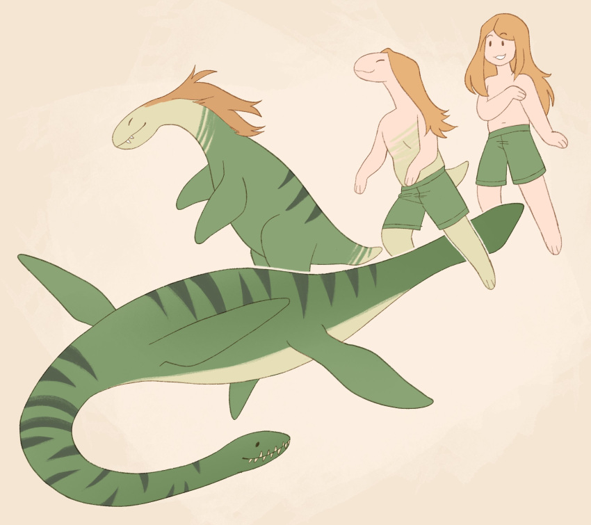 ambiguous_gender clothing eyes_closed feral flippers flukes hair hi_res human long_hair mammal marine markings navel pale0punk plesiosaur plesiosaurus reptile scales scalie sharp_teeth simple_background smile solo striped_markings stripes swimming_trunks swimwear teeth transformation