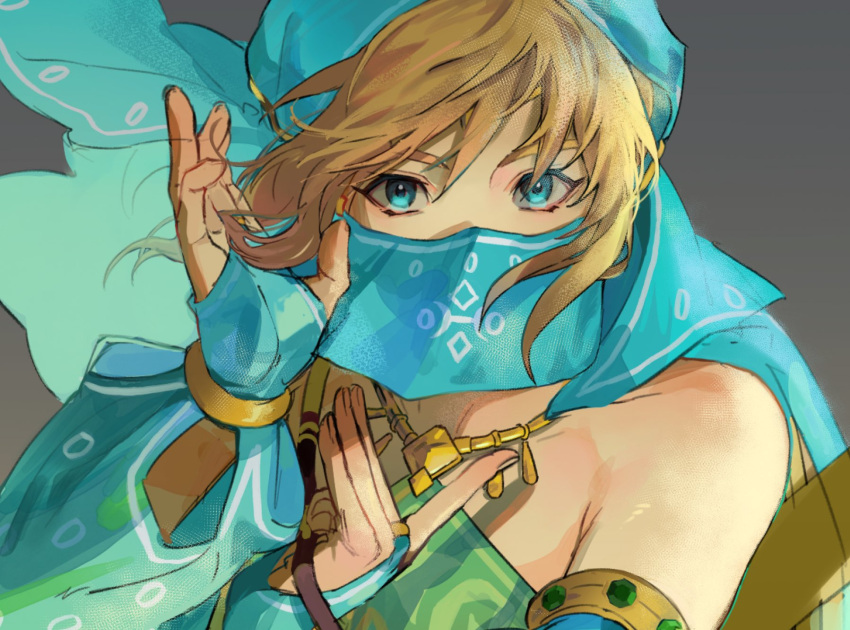 1boy aqua_eyes bare_shoulders blonde_hair bridal_gauntlets crossdressing dancing detached_sleeves grey_background hair_between_eyes harem_outfit head_scarf highres inbagzlzl link looking_at_viewer male_focus mask mouth_mask sidelocks solo the_legend_of_zelda the_legend_of_zelda:_breath_of_the_wild upper_body