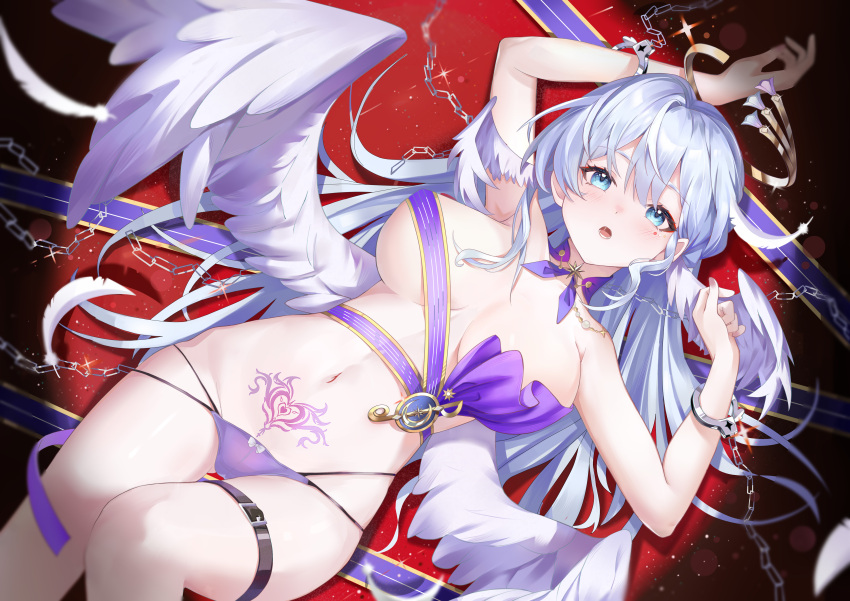 absurdres arm_up armpit_crease armpits bare_legs belt blhazx blue_eyes blue_hair blush breasts collar commentary_request covered_nipples cuffs detached_collar feathers fingernails groin hair_between_eyes hair_intakes halo hand_up handcuffs head_wings highres honkai:_star_rail honkai_(series) jewel_under_eye large_breasts looking_at_viewer lower_teeth_only lying navel no_pants on_back panties pubic_tattoo purple_collar purple_panties robin_(honkai:_star_rail) saliva sidelocks stomach tattoo teeth thigh_belt thigh_strap topless underwear white_feathers wings