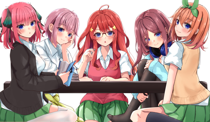 5girls :o absurdres ahoge ayachanman black_cardigan black_pantyhose black_ribbon black_socks blue_cardigan blue_eyes blunt_bangs blush book breasts brown_hair butterfly_hair_ornament cardigan cardigan_around_waist closed_mouth clothes_around_waist collared_shirt commentary_request glasses go-toubun_no_hanayome green_ribbon green_skirt hair_between_eyes hair_ornament hair_ribbon head_rest headphones headphones_around_neck highres holding holding_book holding_pen kneehighs large_breasts long_hair long_sleeves looking_at_viewer multiple_girls nakano_ichika nakano_itsuki nakano_miku nakano_nino nakano_yotsuba open_cardigan open_clothes orange_hair pantyhose parted_bangs parted_lips pen pink_hair pleated_skirt quintuplets red_hair red_sweater_vest ribbon seiza shirt short_hair short_sleeves siblings sidelocks simple_background sisters sitting skirt smile socks star_(symbol) star_hair_ornament sweater_vest table thighhighs two_side_up wariza white_background white_shirt white_thighhighs yellow_cardigan yellow_sweater_vest zettai_ryouiki