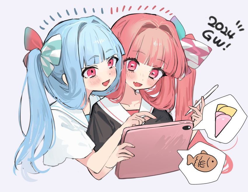 2024 2girls :d black_shirt blue_bow blue_hair blunt_bangs blush bow collarbone crepe cropped_torso dot_nose food gradient_bow hair_bow hair_intakes highres holding holding_stylus holding_tablet_pc kotonoha_akane kotonoha_aoi long_hair multiple_girls open_mouth pink_eyes red_bow red_hair sailor_collar school_uniform shirt short_sleeves side_ponytail sidelocks simple_background smile spoken_food stylus tablet_pc taiyaki voiceroid wagashi white_background white_sailor_collar white_shirt yoshino_ns
