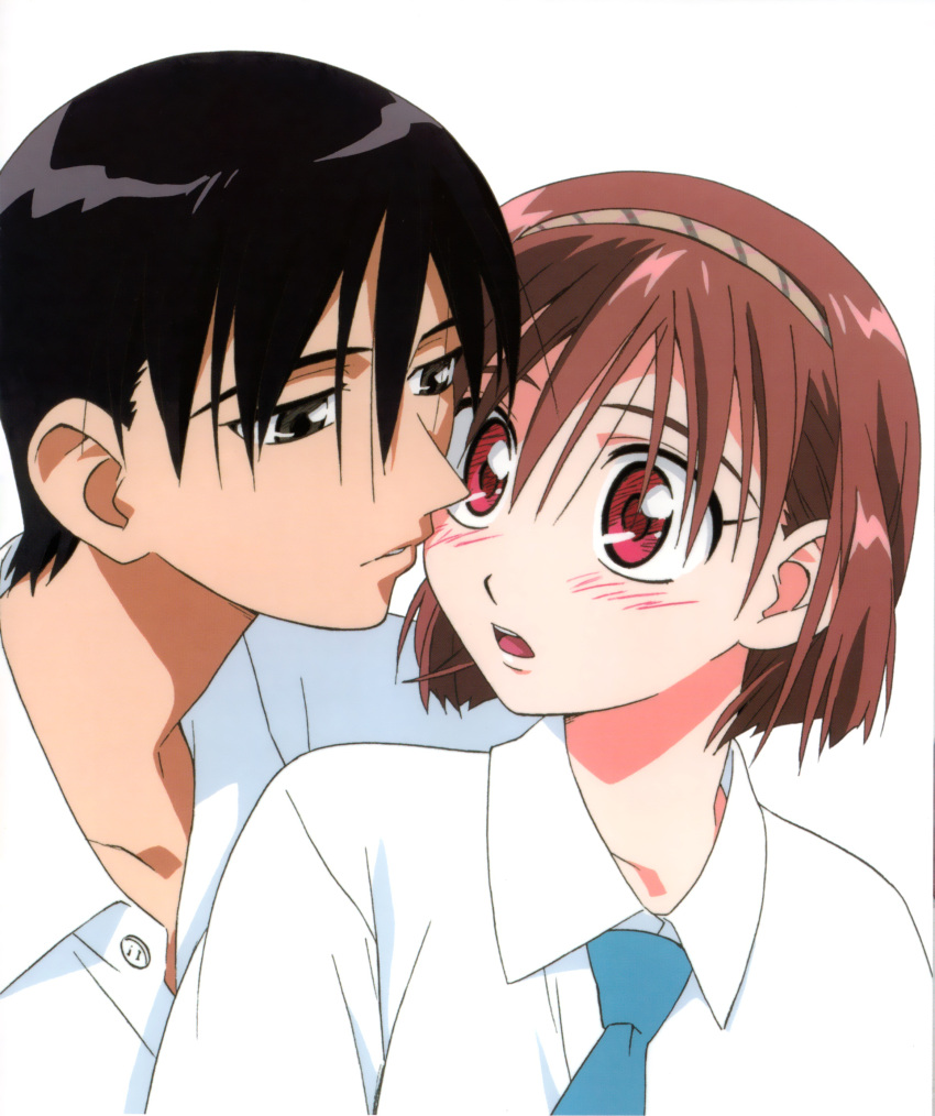 1boy 1girl absurdres aqua_necktie arima_souichirou black_eyes black_hair blush bob_cut eye_contact hairband hetero highres kareshi_kanojo_no_jijou looking_at_another miyazawa_yukino necktie open_mouth red_eyes red_hair school_uniform shirt short_hair takamura_kazuhiro white_background white_shirt