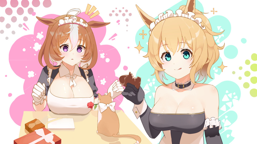 2girls @_@ ahoge alternate_costume animal_ears bare_shoulders belt_collar black_dress black_gloves bow box breasts cat chocolate collar collared_dress commentary_request dress elbow_gloves enmaided flower food gift gift_box gloves hair_between_eyes highres holding holding_chocolate holding_food horse_ears horse_girl large_breasts licking_lips looking_at_viewer luft9999 maid maid_headdress medium_hair meisho_doto_(umamusume) meto_(cat) multicolored_background multicolored_hair multiple_girls notice_lines parted_lips polka_dot ponytail puffy_short_sleeves puffy_sleeves purple_eyes rose short_hair short_sleeves sparkle strapless strapless_dress streaked_hair table taiki_shuttle_(umamusume) tongue tongue_out umamusume white_background white_bow white_gloves white_hair wrist_cuffs