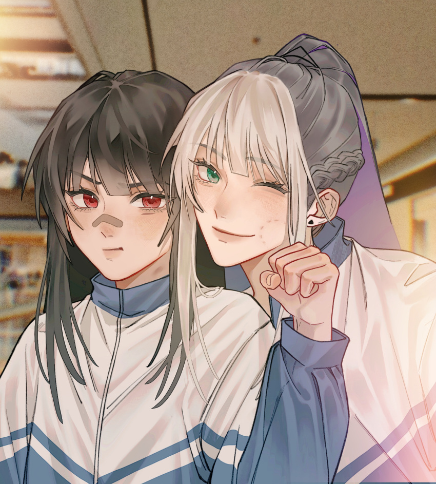 2girls alternate_costume bai_yi_(path_to_nowhere) bandaid bandaid_on_face bandaid_on_nose bite_mark_on_face black_hair blush chaoji_shuihouzi chinese_commentary clenched_hand colored_inner_hair commentary green_eyes grey_hair hand_up heads_together high_ponytail highres indoors k.k._(path_to_nowhere) looking_at_viewer multicolored_hair multiple_girls one_eye_closed path_to_nowhere pout red_eyes smile track_suit white_hair