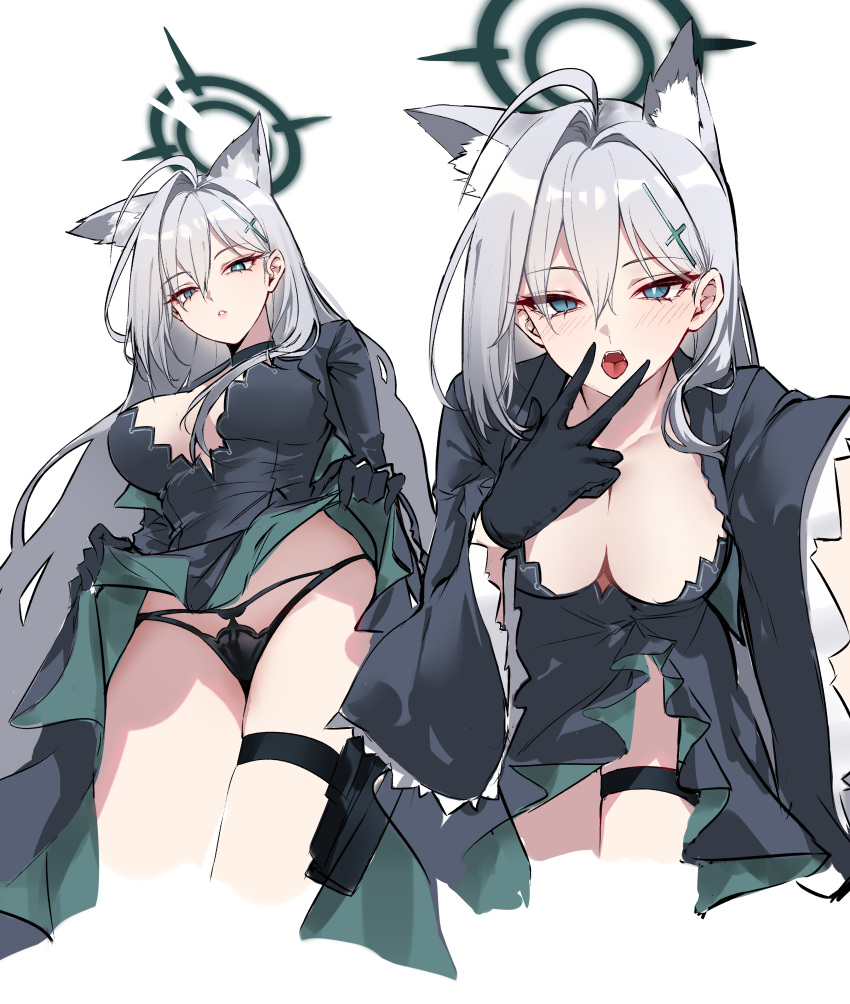 1girl absurdres ahoge animal_ear_fluff animal_ears black_dress black_gloves black_panties blue_archive blue_eyes blush breasts cleavage clothes_lift cunnilingus_gesture dress dress_lift extra_ears gloves grey_hair hair_behind_ear hair_intakes highres large_breasts lifted_by_self long_hair mismatched_pupils multiple_views open_mouth panties parted_lips shigure_s shiroko_(blue_archive) shiroko_terror_(blue_archive) tongue tongue_out underwear very_long_hair