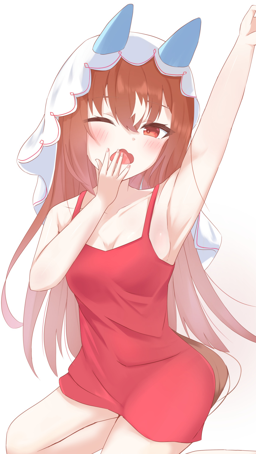 1girl absurdres animal_ears armpits breasts brown_hair cleavage collarbone commentary_request hair_between_eyes hair_ornament highres horse_ears horse_girl horse_tail kudo_(user_dzch8572) long_hair looking_at_viewer one_eye_closed open_mouth red_eyes simple_background small_breasts solo still_in_love_(umamusume) tail umamusume veil white_background yawning