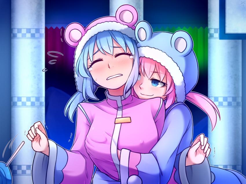 2girls animal_hood bangs blue_coat blue_eyes blue_hair blush breast_grab candy closed_eyes commentary covered_nipples english_commentary eyebrows_visible_through_hair food fur-trimmed_hood grabbing groping hand_under_clothes hood incest lollipop long_hair long_sleeves low_twintails multiple_girls nieve_(rabi_ribi) nixie_(rabi_ribi) pink_coat pink_hair rabi-ribi siblings sisters smirk speckticuls sweatdrop tears trembling twintails wide_sleeves yuri