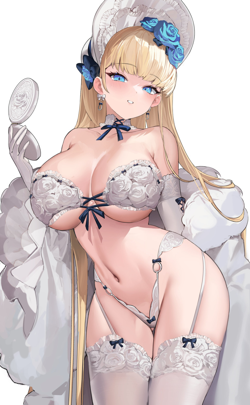 1girl absurdres bare_shoulders blonde_hair blue_eyes blush breasts cleavage collarbone commentary cowboy_shot earrings elbow_gloves gloves hair_ornament hat highres holding jewelry large_breasts long_hair long_sleeves looking_at_viewer mendou_kusai navel original panties parted_lips smile solo stomach thighhighs thighs underboob underwear white_gloves white_hat white_panties white_thighhighs wide_sleeves