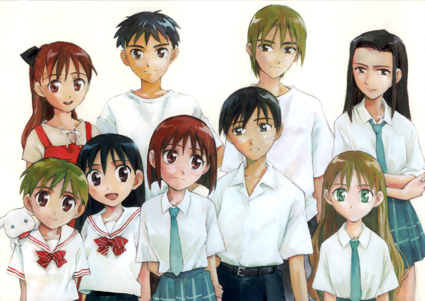 3boys absurdres aqua_necktie arima_souichirou asaba_hideaki black_eyes black_hair blonde_hair bob_cut brown_eyes closed_mouth highres izawa_maho kareshi_kanojo_no_jijou long_hair looking_at_another looking_at_viewer miyazawa_kano miyazawa_tsukino miyazawa_yukino multiple_boys multiple_girls necktie open_mouth pero_pero plaid plaid_skirt red_hair school_uniform serafuku shibahime_tsubasa shirt short_hair skirt smile takamura_kazuhiro white_background white_shirt